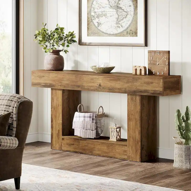 Console en bois étroite et longue, marron et grise, de 63 pouces, pour entrée