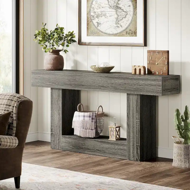 Console en bois étroite et longue, marron et grise, de 63 pouces, pour entrée