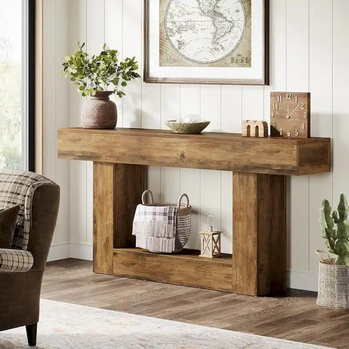 Console en bois étroite et longue, marron et grise, de 63 pouces, pour entrée