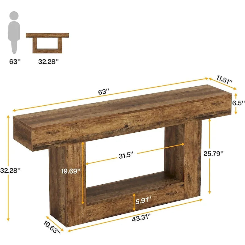 Console en bois étroite et longue, marron et grise, de 63 pouces, pour entrée