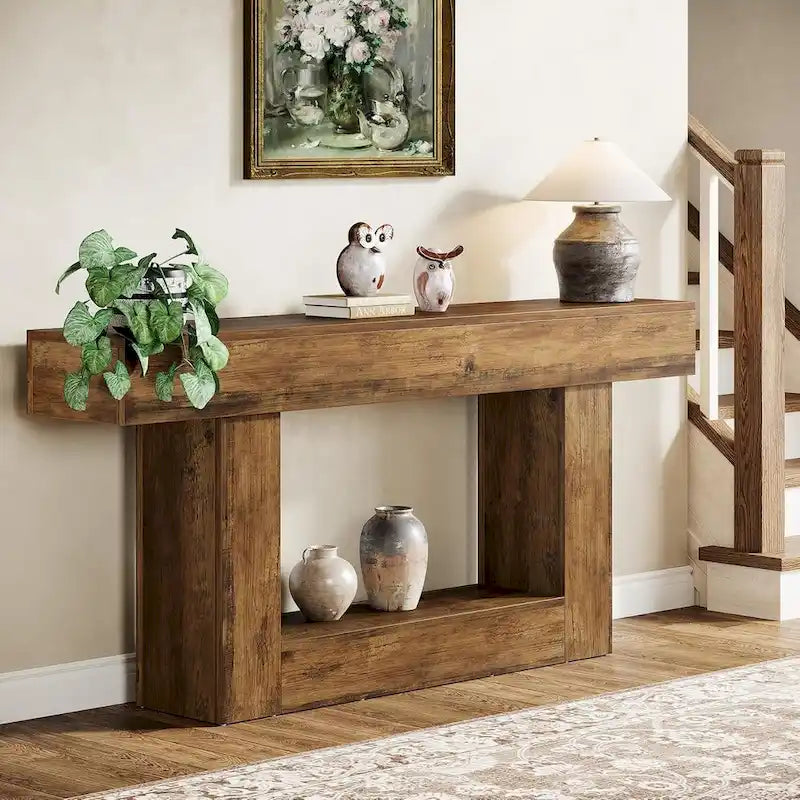 Console en bois étroite et longue, marron et grise, de 63 pouces, pour entrée