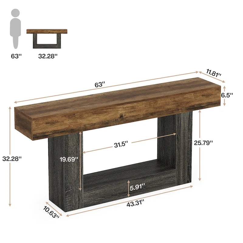 Console en bois étroite et longue, marron et grise, de 63 pouces, pour entrée