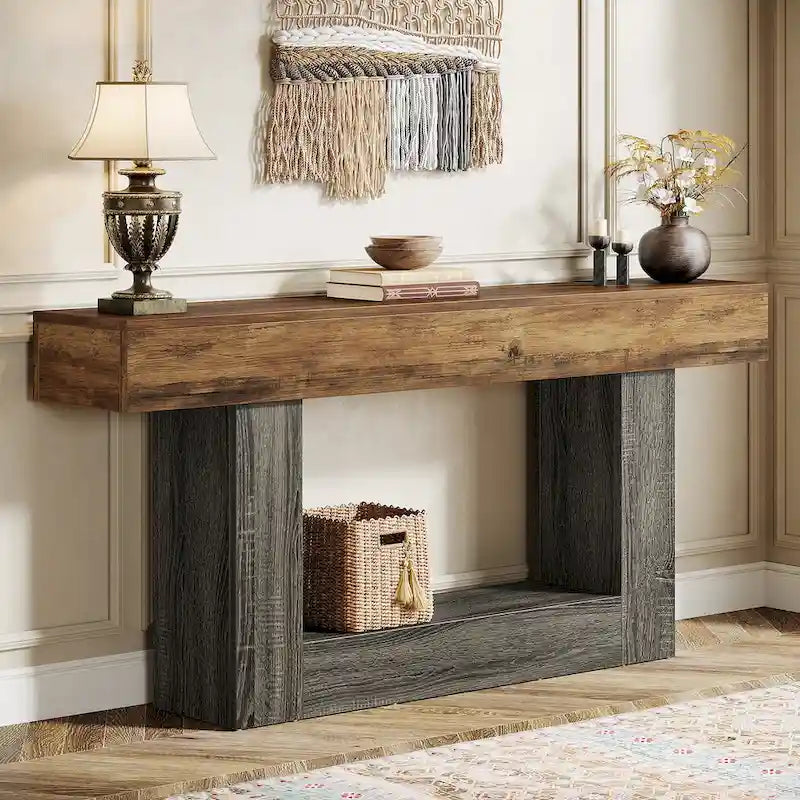 Console en bois étroite et longue, marron et grise, de 63 pouces, pour entrée