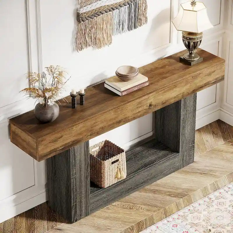 Console en bois étroite et longue, marron et grise, de 63 pouces, pour entrée