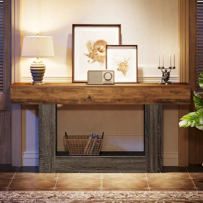 Console en bois étroite et longue, marron et grise, de 63 pouces, pour entrée