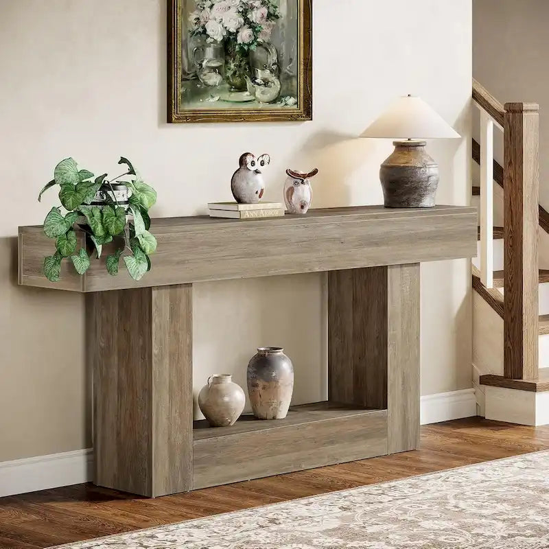Console en bois étroite et longue, marron et grise, de 63 pouces, pour entrée