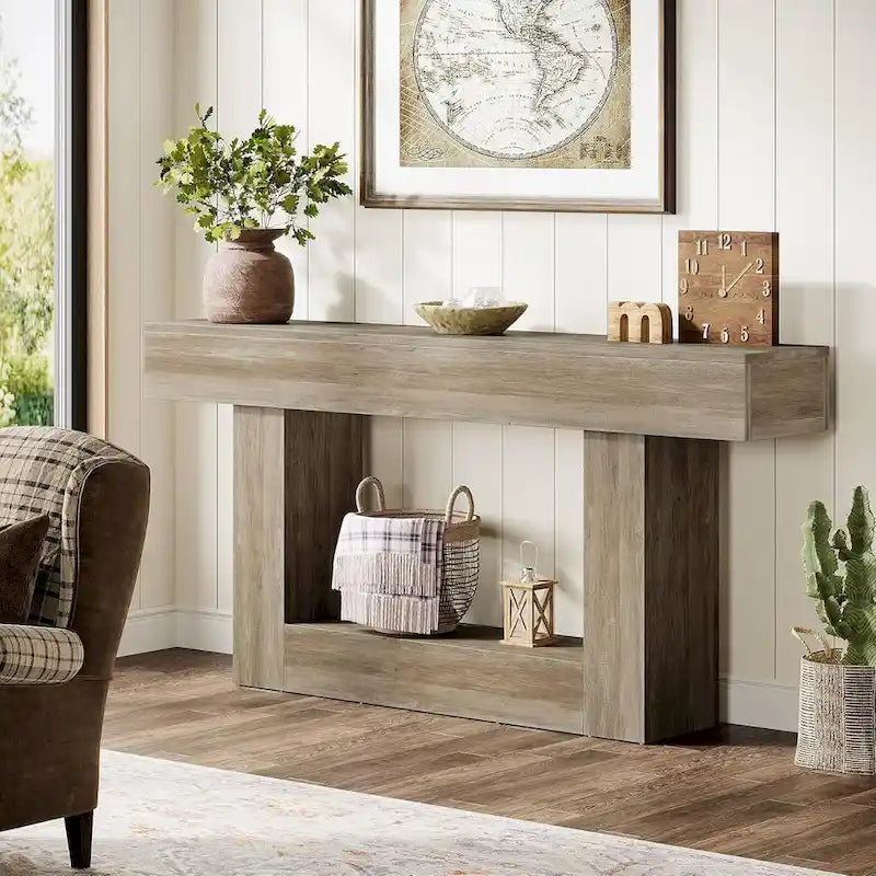 Console en bois étroite et longue, marron et grise, de 63 pouces, pour entrée
