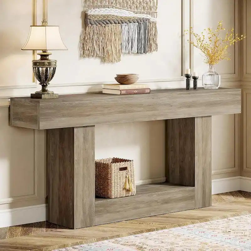 Console en bois étroite et longue, marron et grise, de 63 pouces, pour entrée