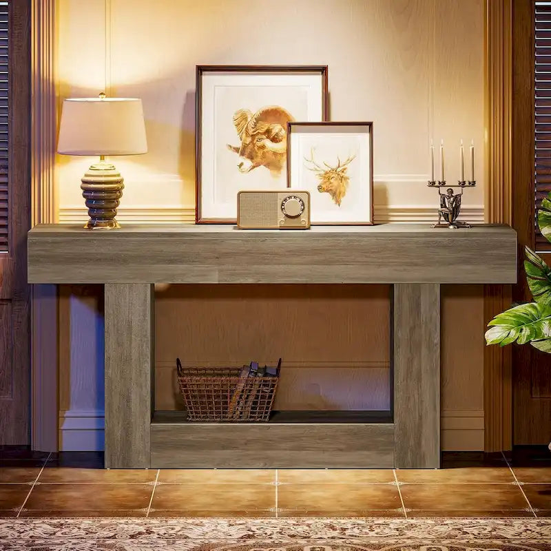 Console en bois étroite et longue, marron et grise, de 63 pouces, pour entrée