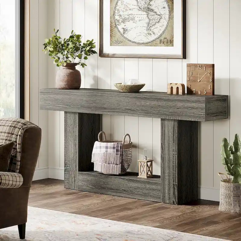Console en bois étroite et longue, marron et grise, de 63 pouces, pour entrée