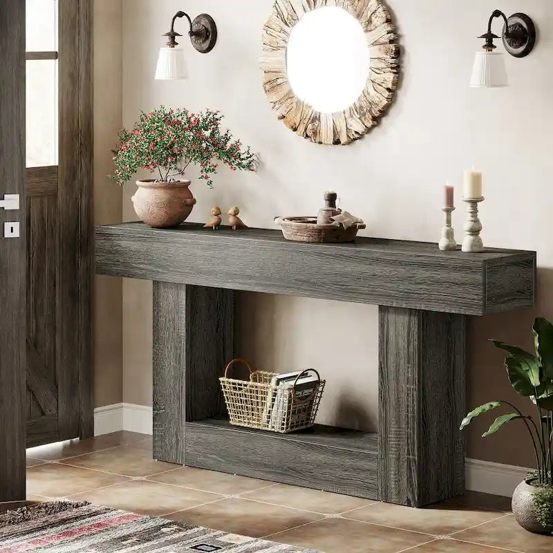 Console en bois étroite et longue, marron et grise, de 63 pouces, pour entrée