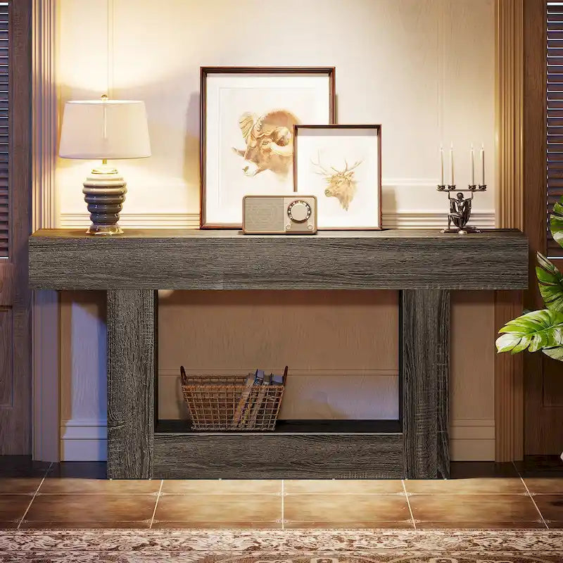 Console en bois étroite et longue, marron et grise, de 63 pouces, pour entrée