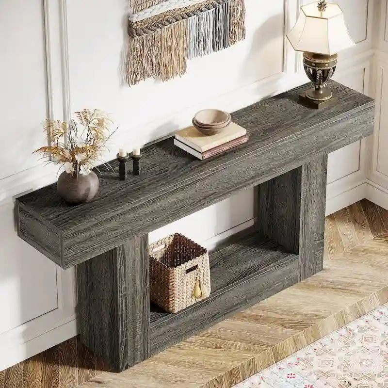 Console en bois étroite et longue, marron et grise, de 63 pouces, pour entrée