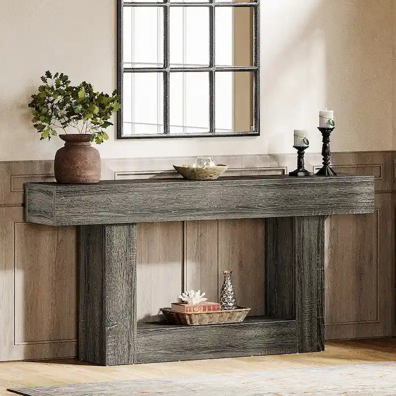 Console en bois étroite et longue, marron et grise, de 63 pouces, pour entrée