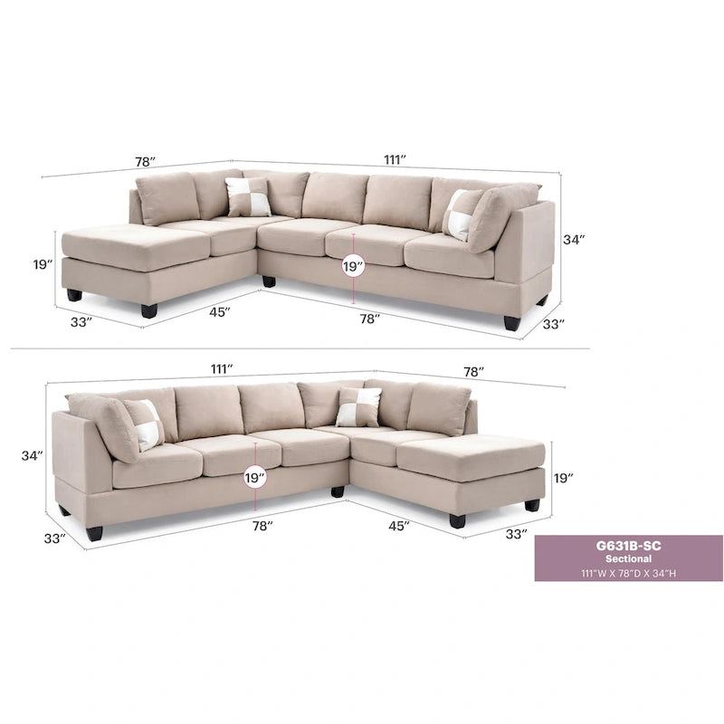Canapé sectionnel 4 places en suédine de 282 cm avec 2 coussins de 282L x 198l x 86H cm