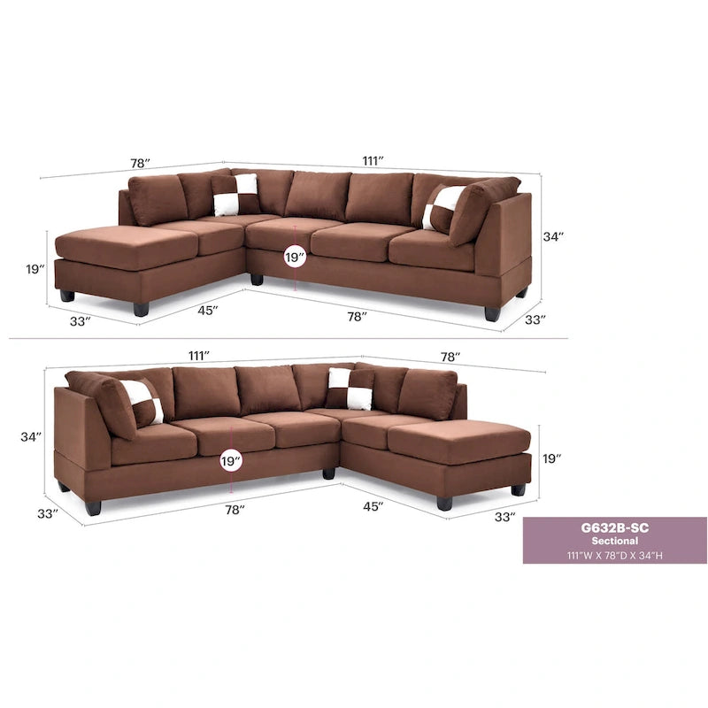 Canapé sectionnel 4 places en suédine de 282 cm avec 2 coussins de 282L x 198l x 86H cm