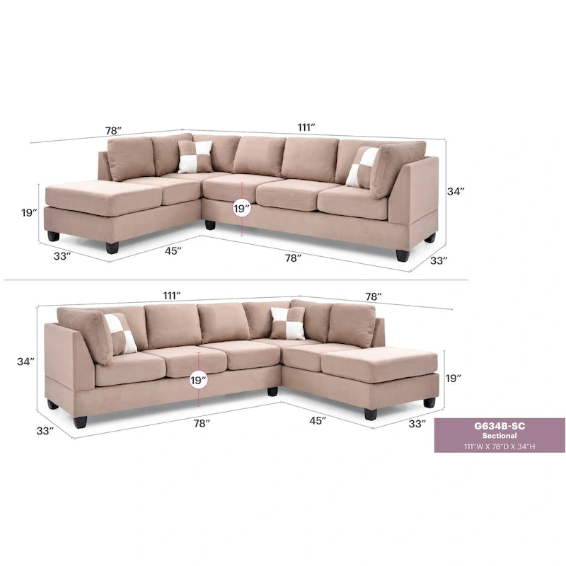 Canapé sectionnel 4 places en suédine de 282 cm avec 2 coussins de 282L x 198l x 86H cm