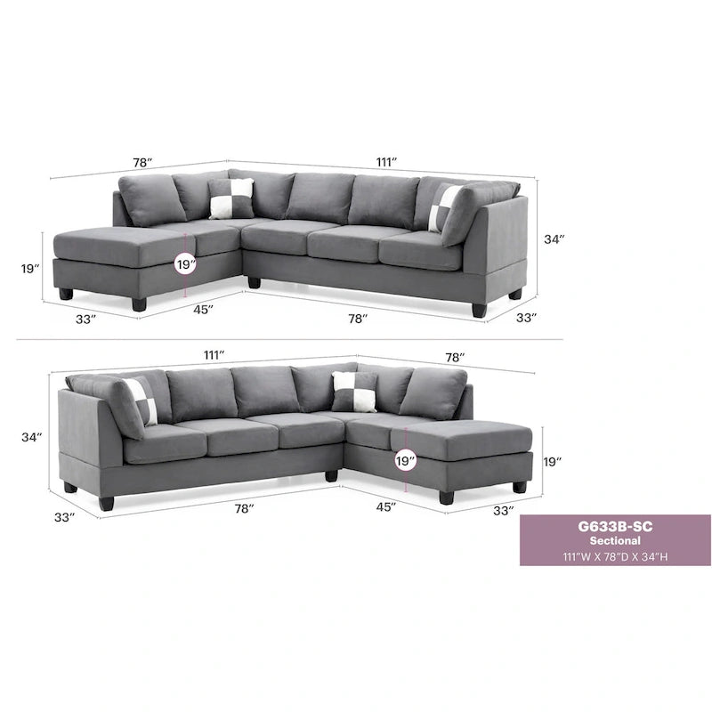 Canapé sectionnel 4 places en suédine de 282 cm avec 2 coussins de 282L x 198l x 86H cm