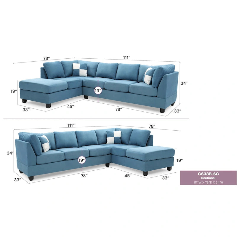 Canapé sectionnel 4 places en suédine de 282 cm avec 2 coussins de 282L x 198l x 86H cm
