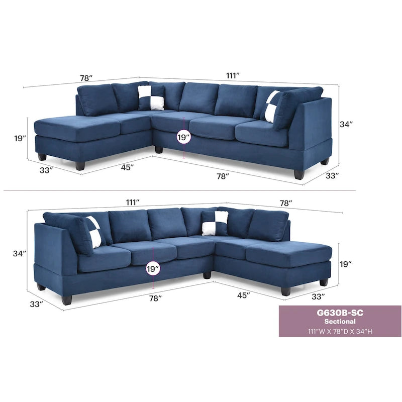 Canapé sectionnel 4 places en suédine de 282 cm avec 2 coussins de 282L x 198l x 86H cm
