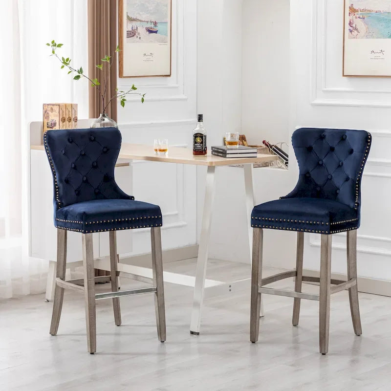 Tabouret de bar à dossier ailé capitonné clouté (ensemble de 2), pieds gris antique