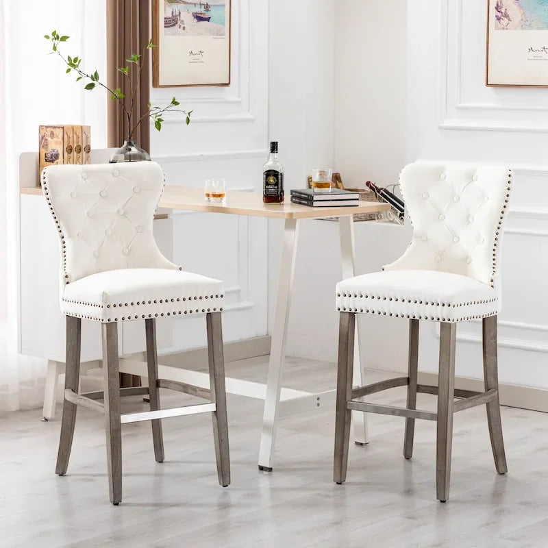 Tabouret de bar à dossier ailé capitonné clouté (ensemble de 2), pieds gris antique