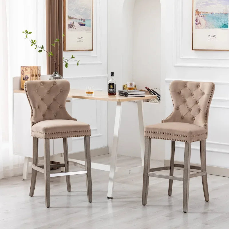 Tabouret de bar à dossier ailé capitonné clouté (ensemble de 2), pieds gris antique