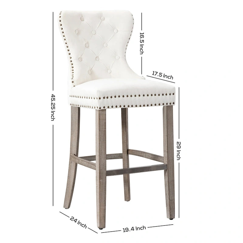 Tabouret de bar à dossier ailé capitonné clouté (ensemble de 2), pieds gris antique