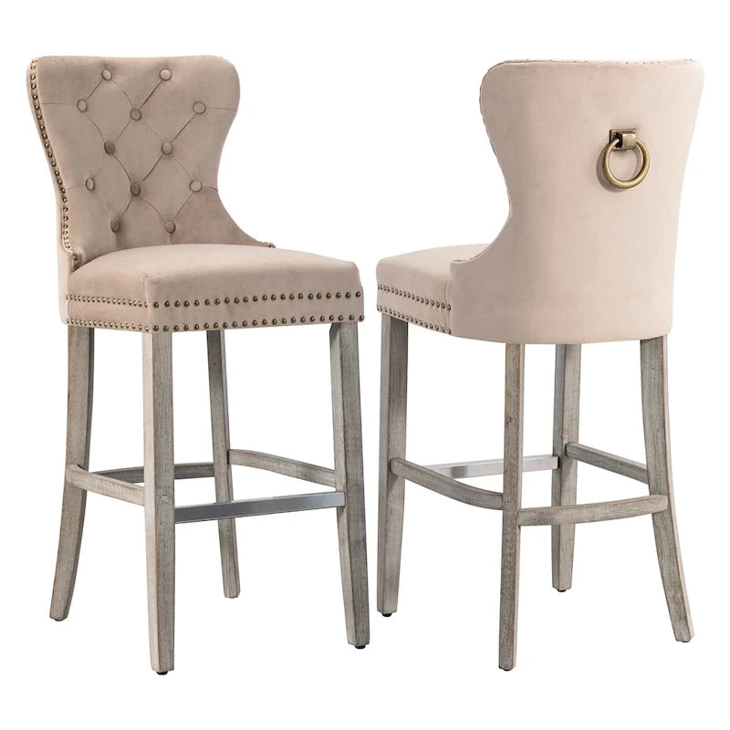 Tabouret de bar à dossier ailé capitonné clouté (ensemble de 2), pieds gris antique