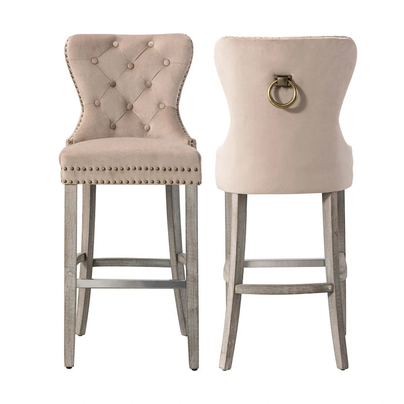 Tabouret de bar à dossier ailé capitonné clouté (ensemble de 2), pieds gris antique