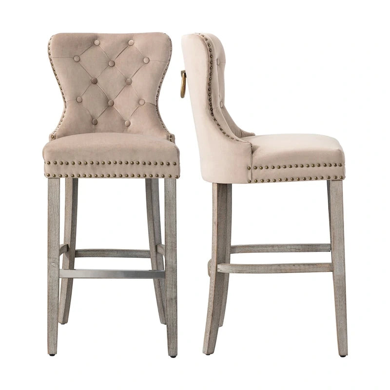 Tabouret de bar à dossier ailé capitonné clouté (ensemble de 2), pieds gris antique