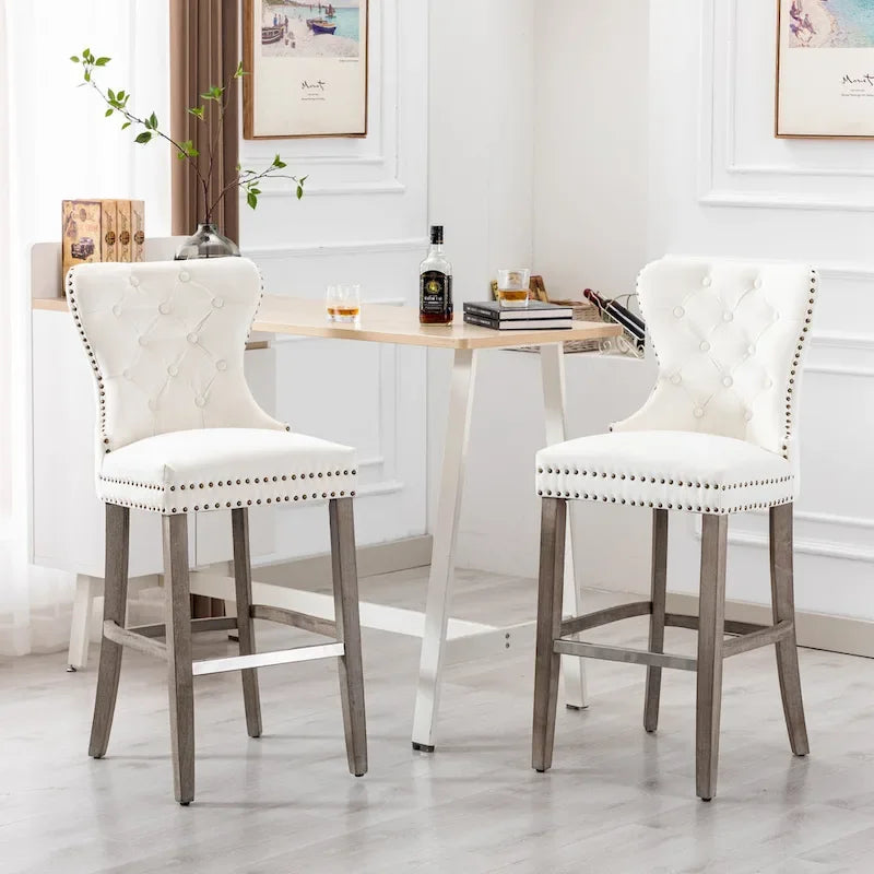 Tabouret de bar à dossier ailé capitonné clouté (ensemble de 2), pieds gris antique