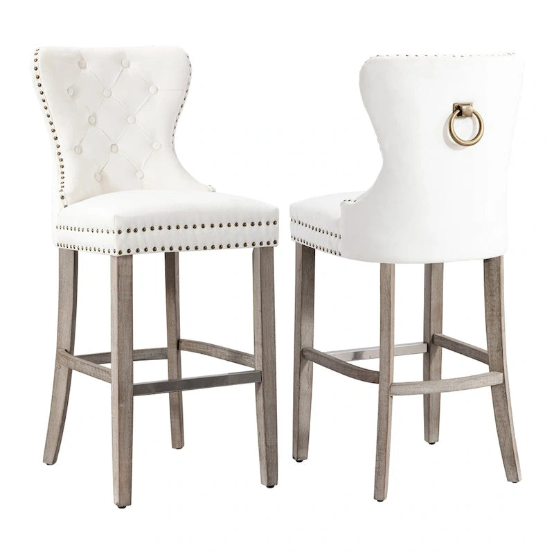 Tabouret de bar à dossier ailé capitonné clouté (ensemble de 2), pieds gris antique