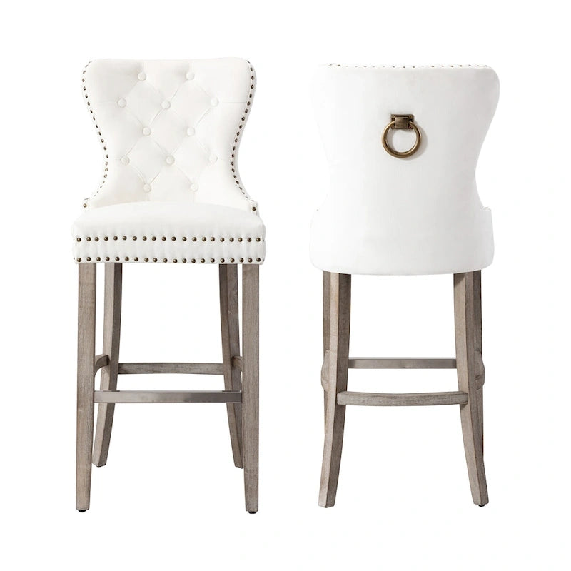Tabouret de bar à dossier ailé capitonné clouté (ensemble de 2), pieds gris antique