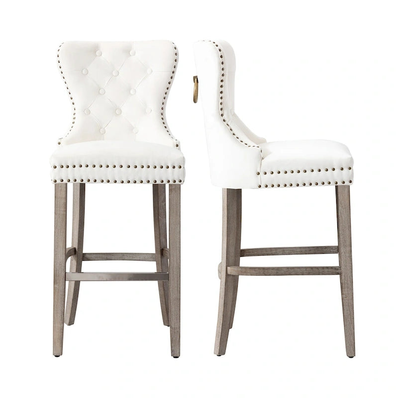 Tabouret de bar à dossier ailé capitonné clouté (ensemble de 2), pieds gris antique