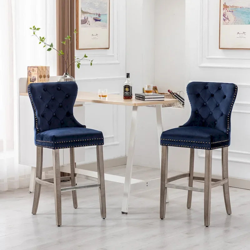 Tabouret de bar à dossier ailé capitonné clouté (ensemble de 2), pieds gris antique