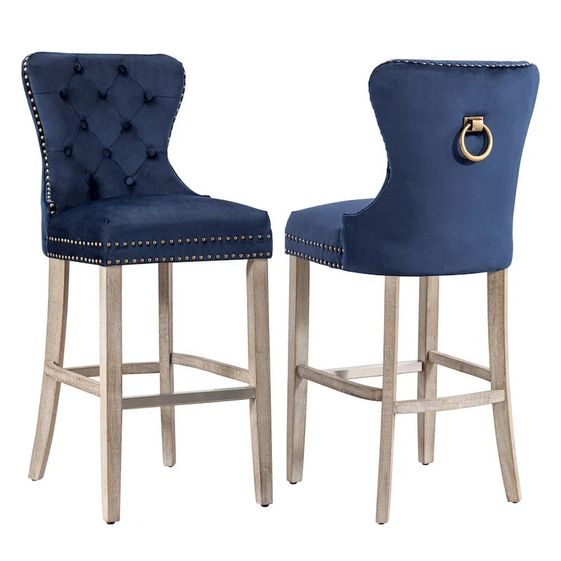 Tabouret de bar à dossier ailé capitonné clouté (ensemble de 2), pieds gris antique