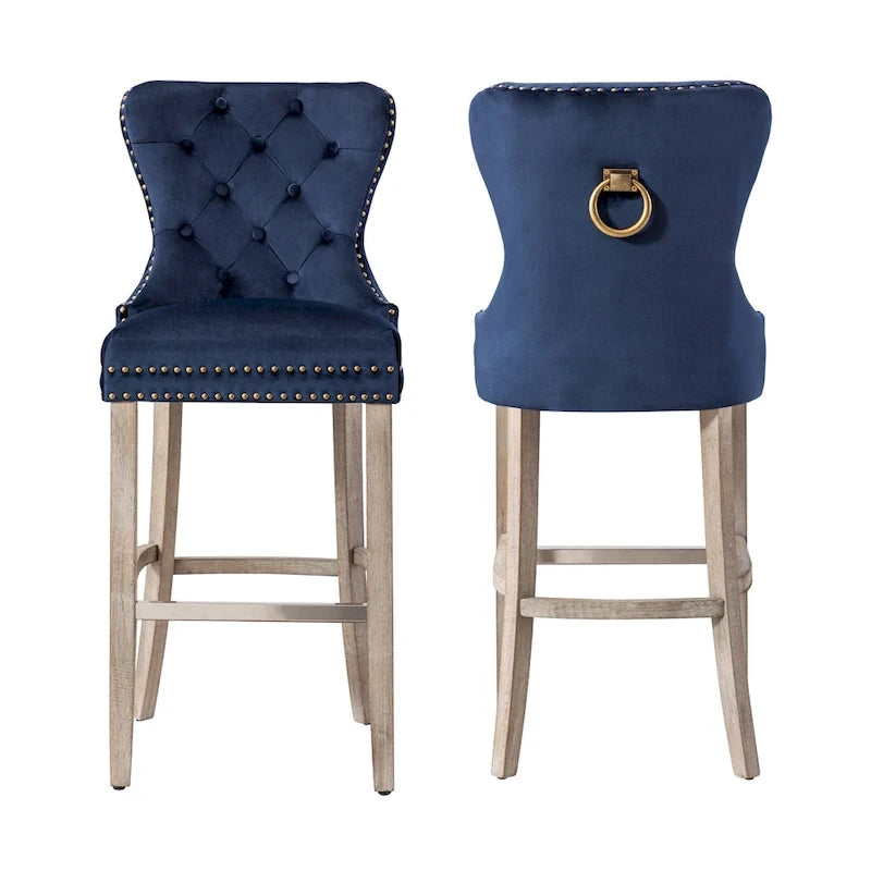 Tabouret de bar à dossier ailé capitonné clouté (ensemble de 2), pieds gris antique