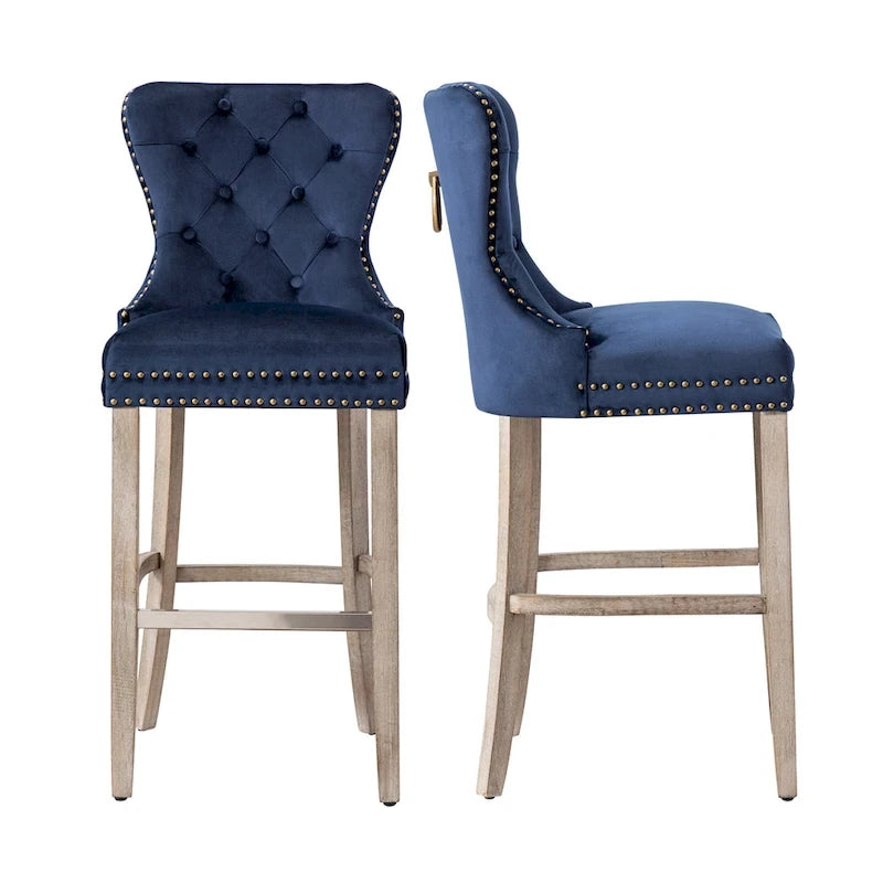 Tabouret de bar à dossier ailé capitonné clouté (ensemble de 2), pieds gris antique
