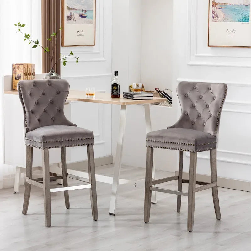 Tabouret de bar à dossier ailé capitonné clouté (ensemble de 2), pieds gris antique
