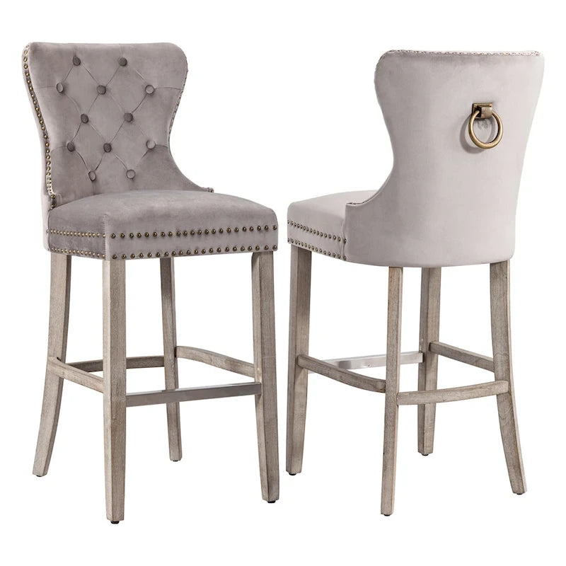 Tabouret de bar à dossier ailé capitonné clouté (ensemble de 2), pieds gris antique