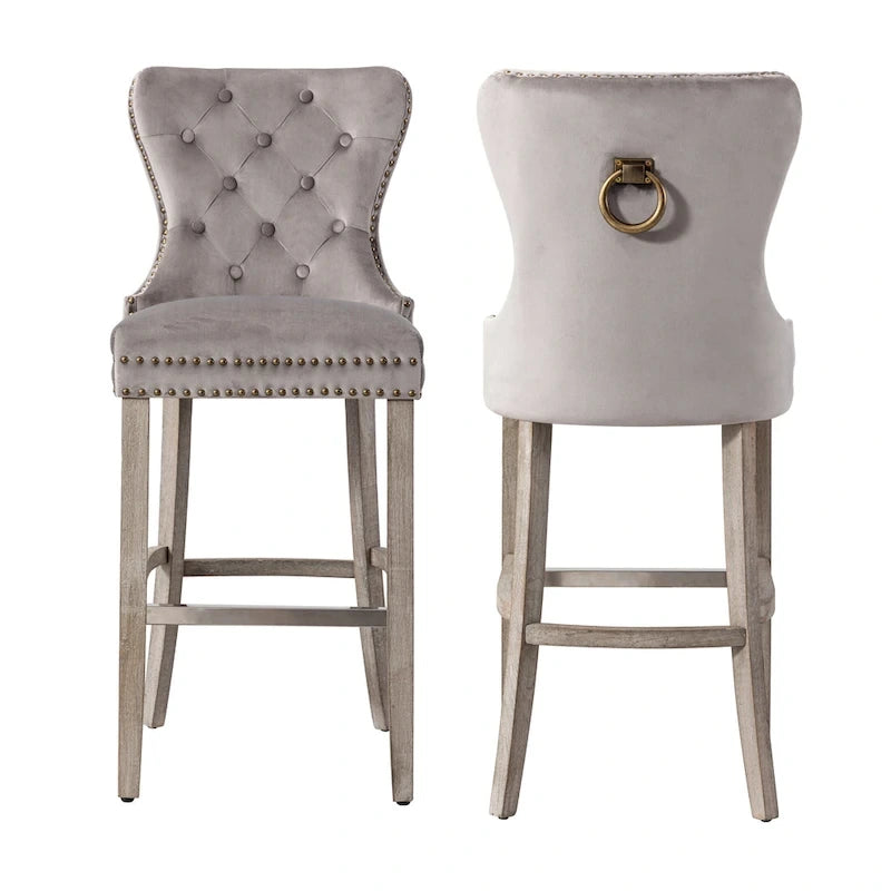 Tabouret de bar à dossier ailé capitonné clouté (ensemble de 2), pieds gris antique