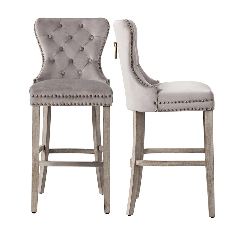 Tabouret de bar à dossier ailé capitonné clouté (ensemble de 2), pieds gris antique