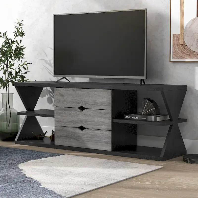 Meuble télé console 4 étagères 3 tiroirs noir moderne et gris vieilli 60 po