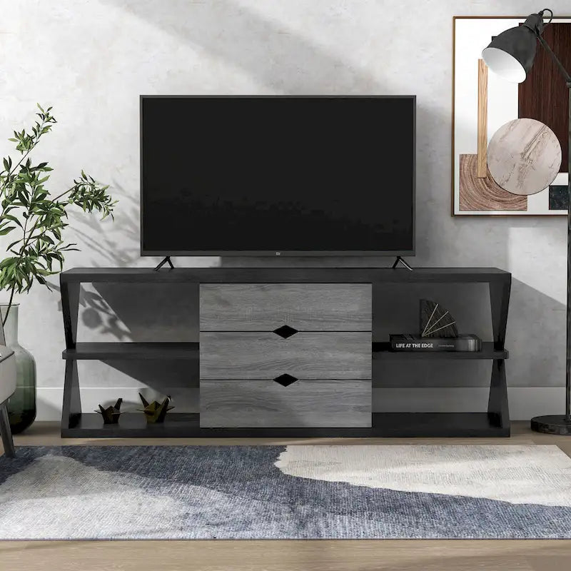 Meuble télé console 4 étagères 3 tiroirs noir moderne et gris vieilli 60 po