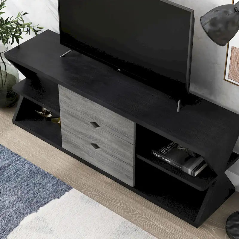 Meuble télé console 4 étagères 3 tiroirs noir moderne et gris vieilli 60 po