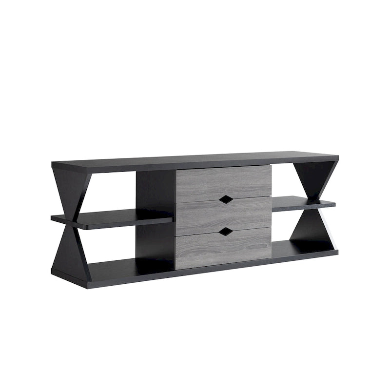 Meuble télé console 4 étagères 3 tiroirs noir moderne et gris vieilli 60 po