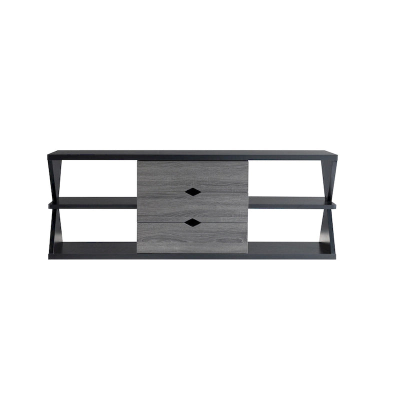 Meuble télé console 4 étagères 3 tiroirs noir moderne et gris vieilli 60 po