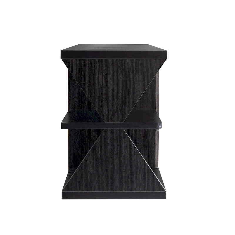Meuble télé console 4 étagères 3 tiroirs noir moderne et gris vieilli 60 po