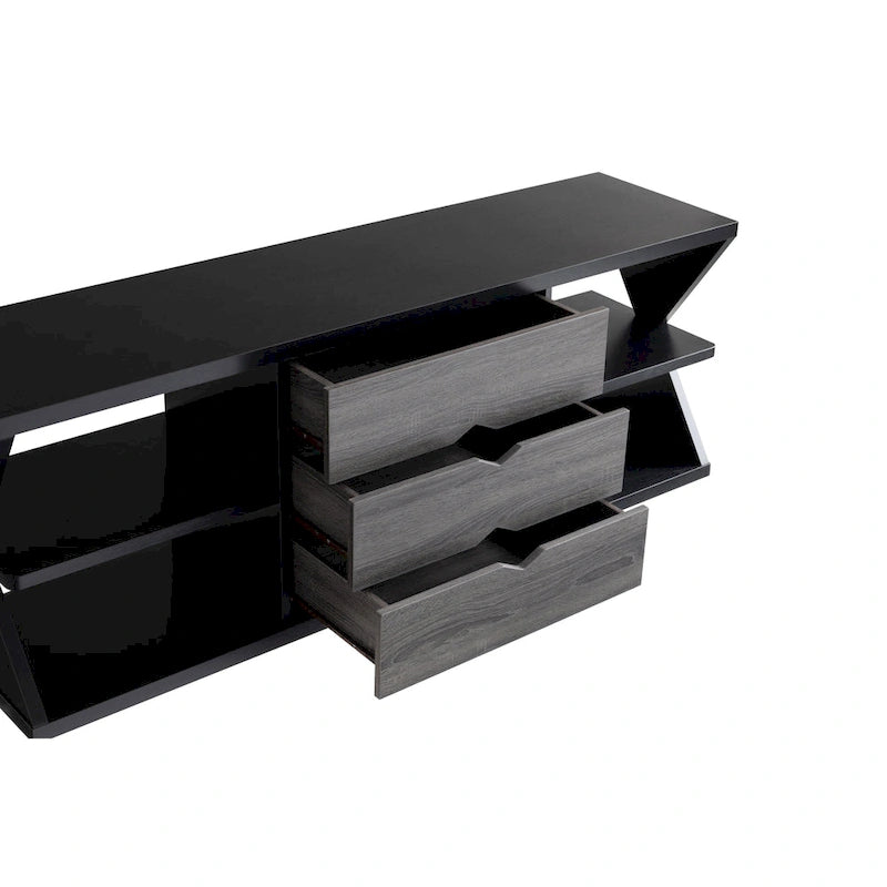 Meuble télé console 4 étagères 3 tiroirs noir moderne et gris vieilli 60 po